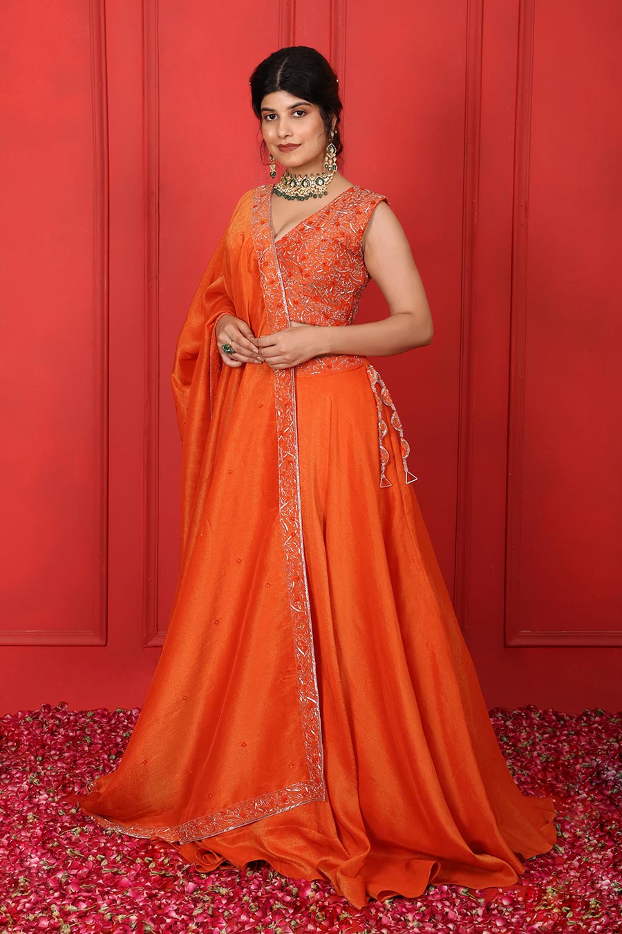 Orange Tissue Embroidered Lehenga Set