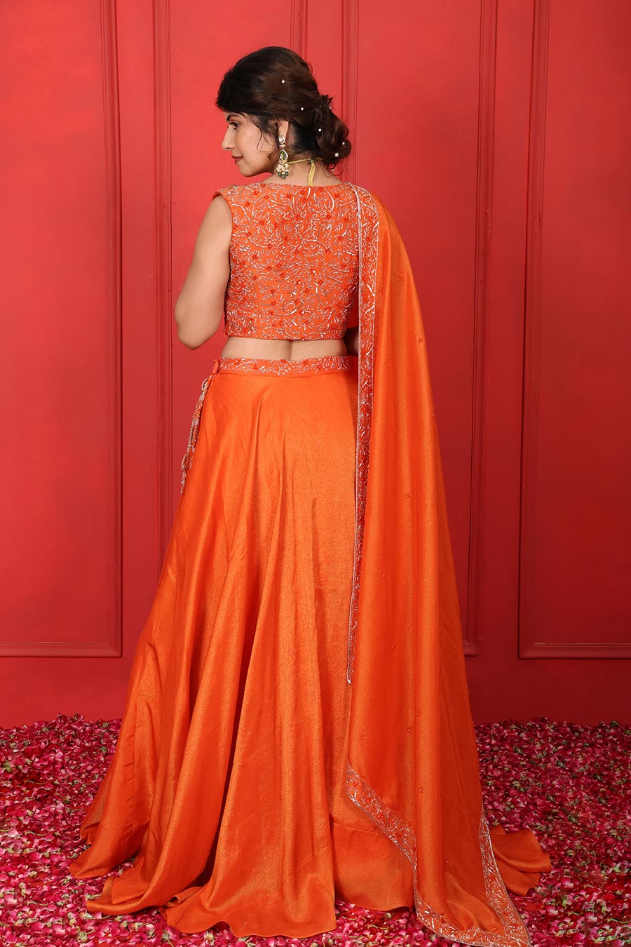 Orange Tissue Embroidered Lehenga Set
