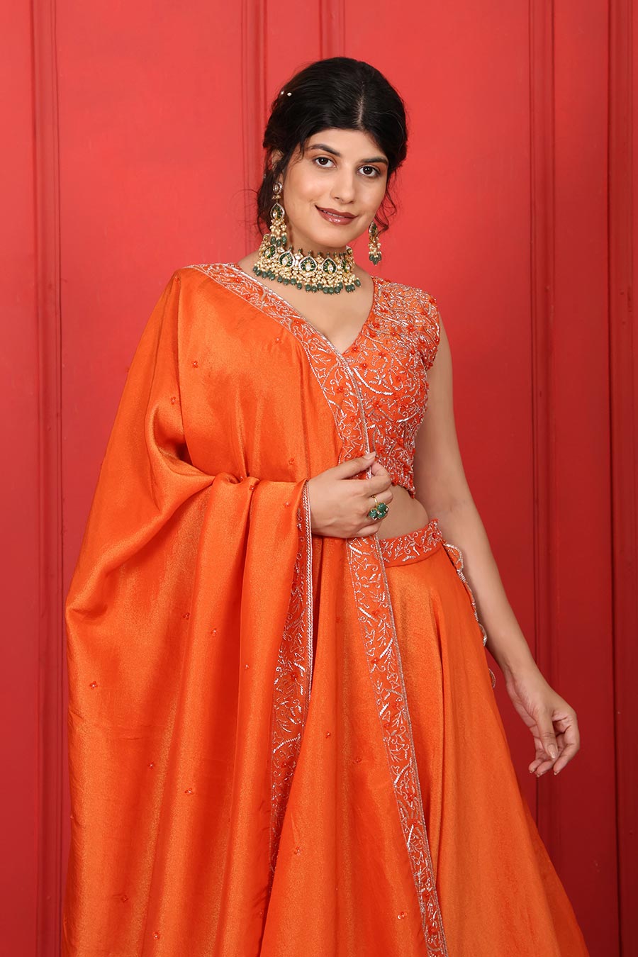 Orange Tissue Embroidered Lehenga Set
