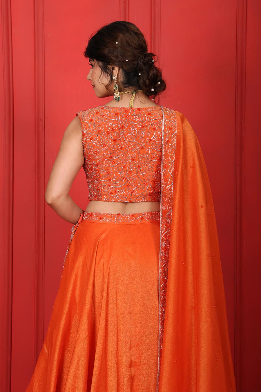 Orange Tissue Embroidered Lehenga Set