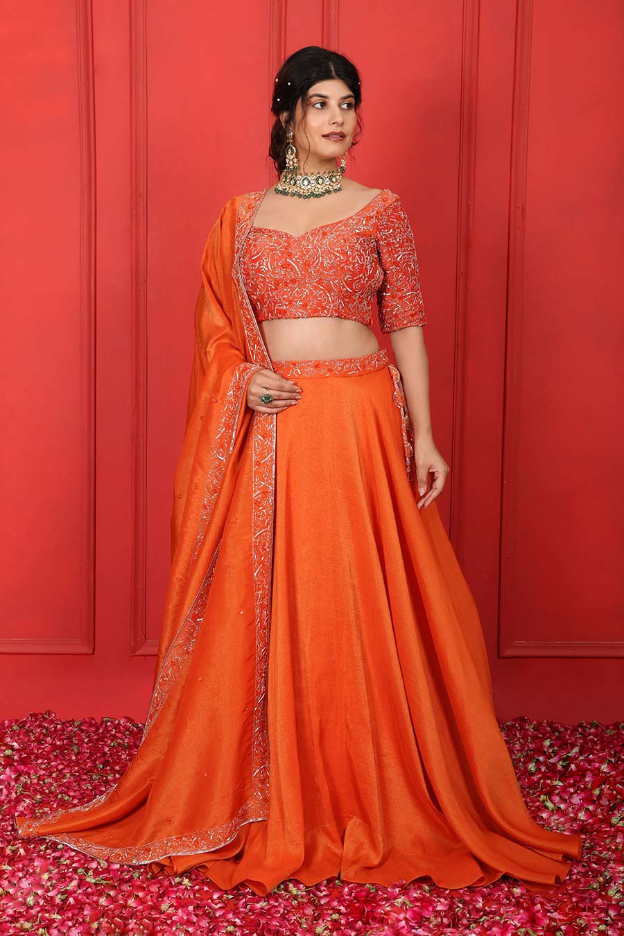 Orange Tissue Embroidered Lehenga Set