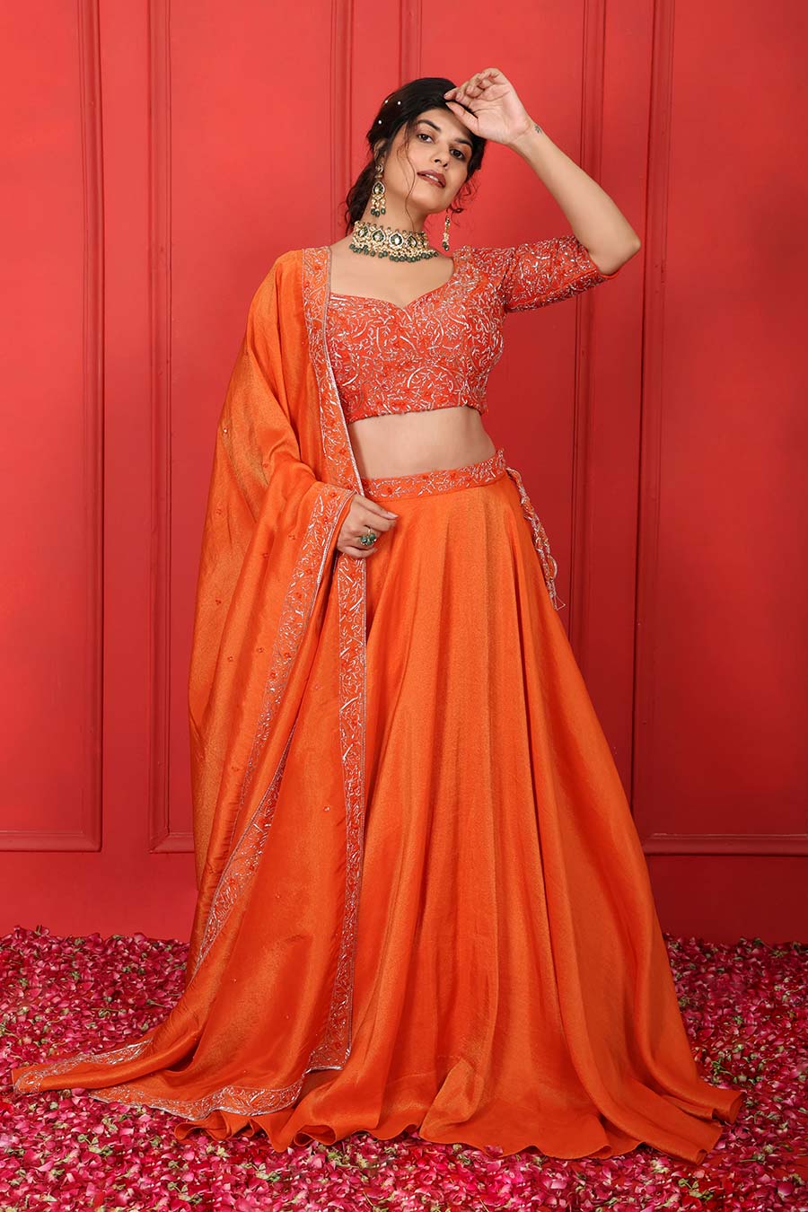 Orange Tissue Embroidered Lehenga Set