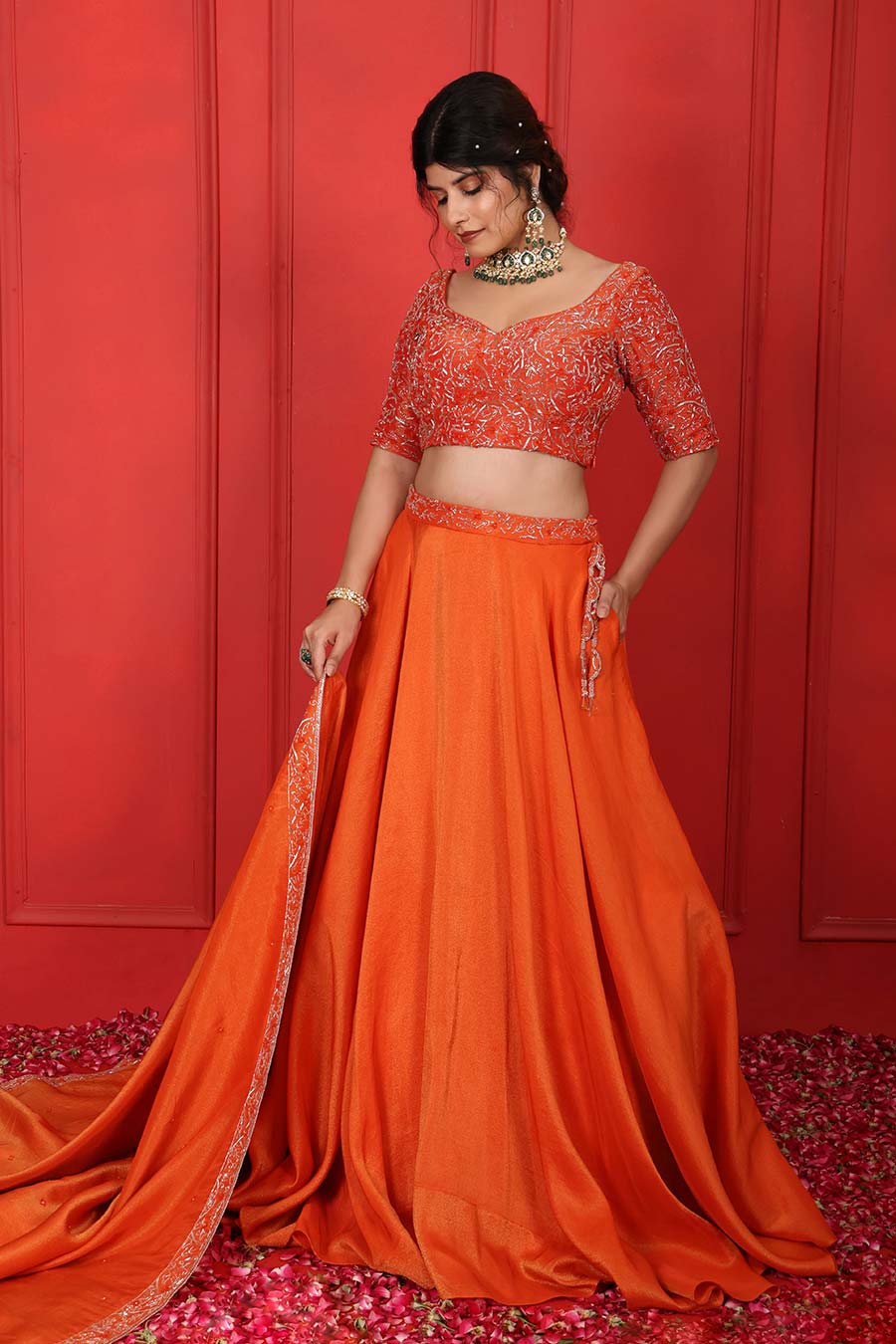 Orange Tissue Embroidered Lehenga Set