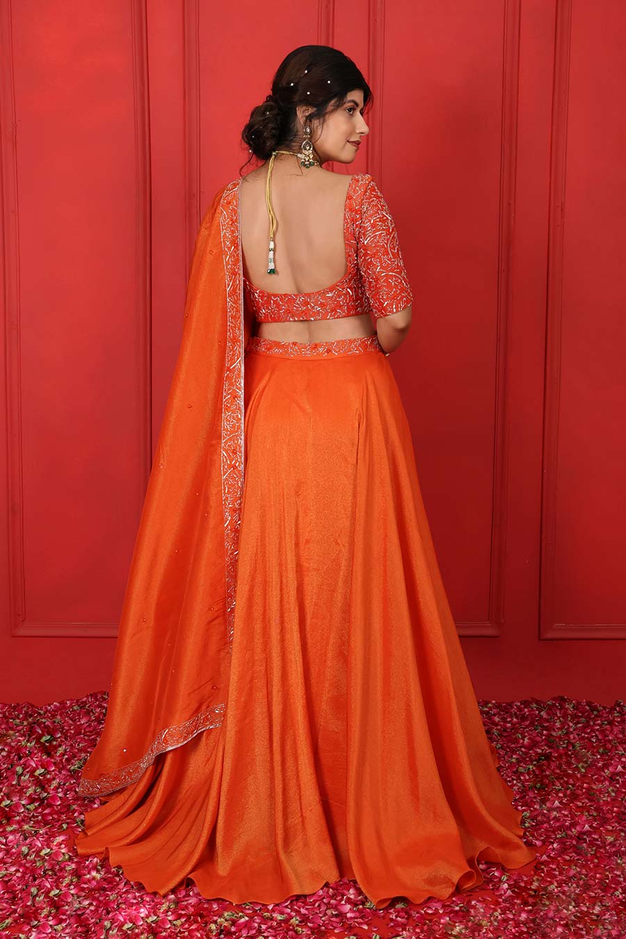 Orange Tissue Embroidered Lehenga Set