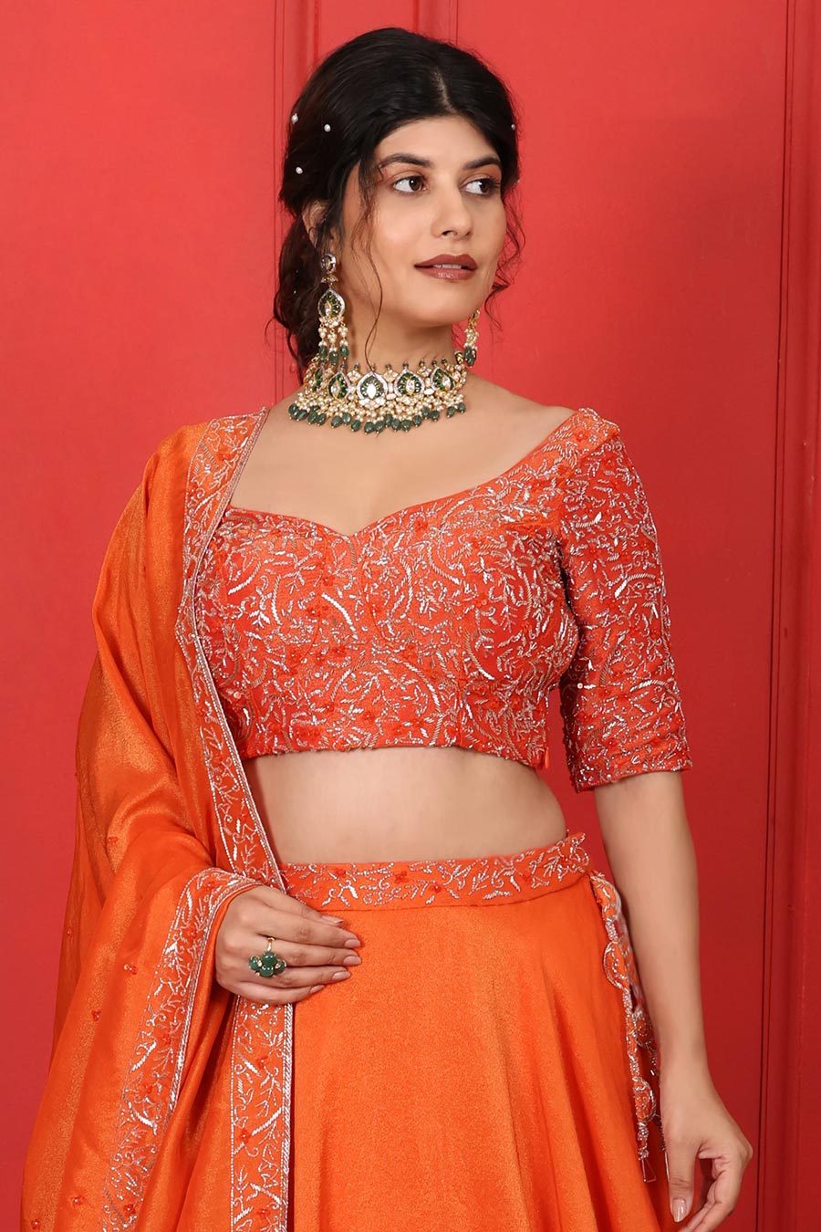 Orange Tissue Embroidered Lehenga Set