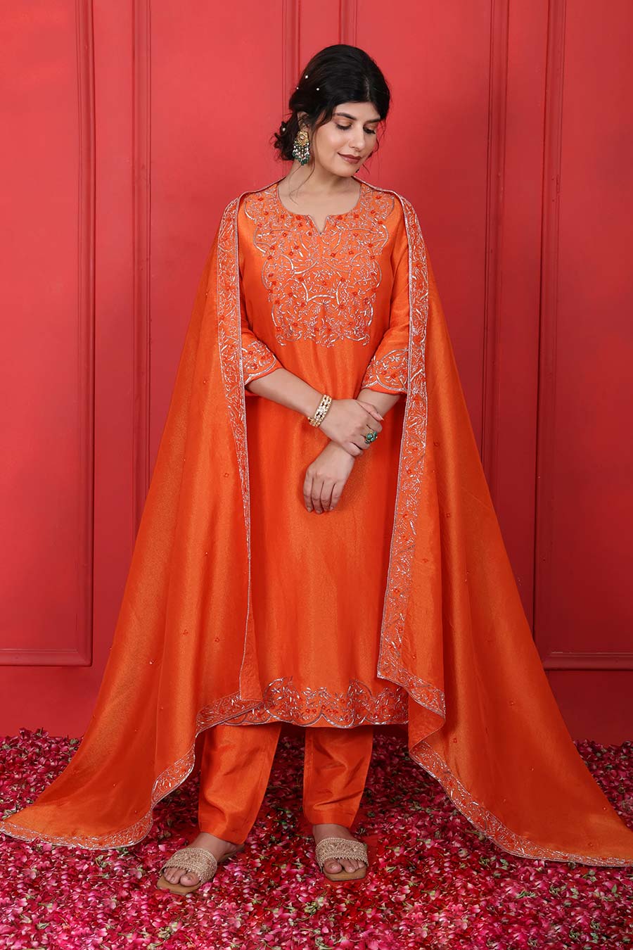 Orange Tissue Embroidered Kurta Set