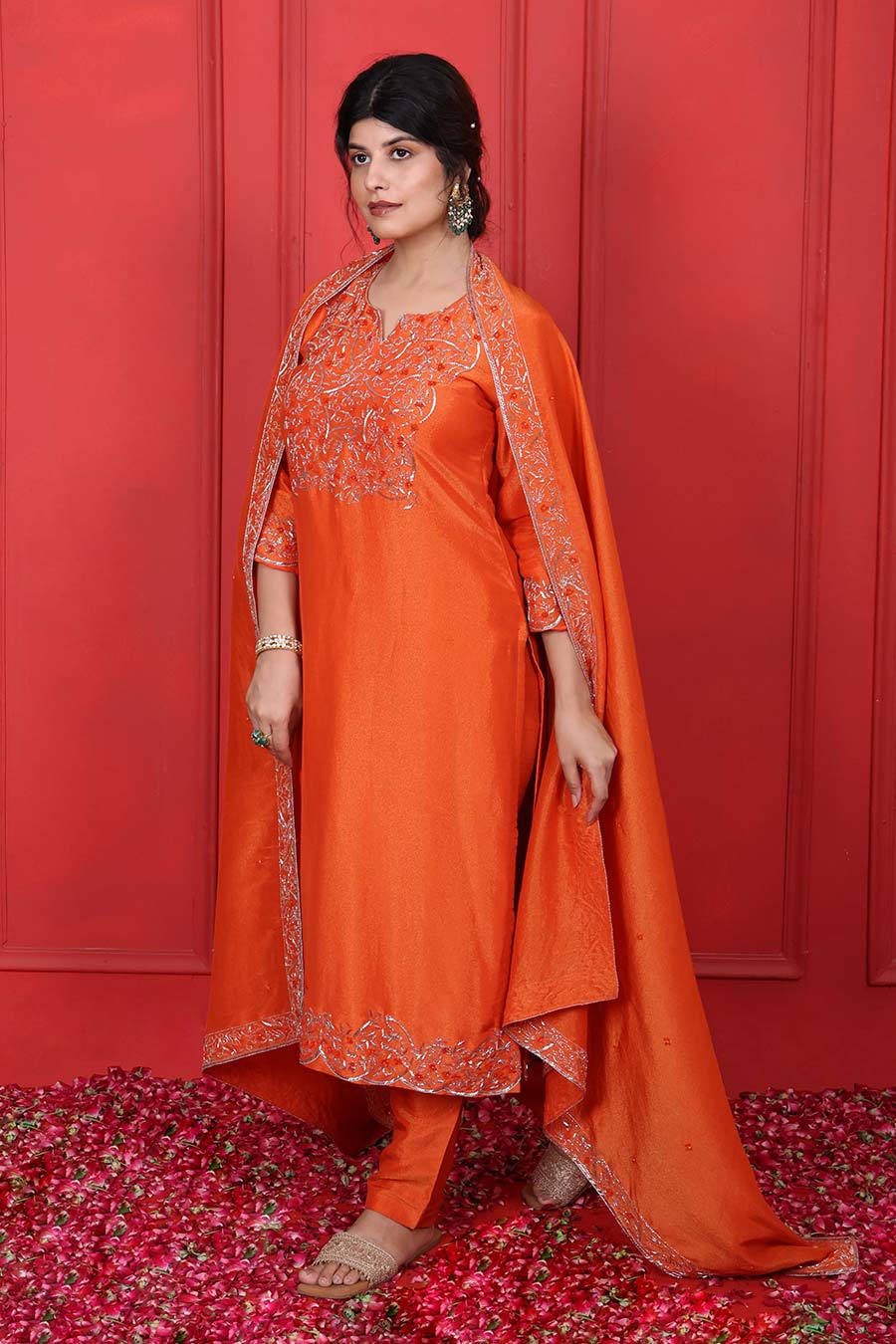 Orange Tissue Embroidered Kurta Set