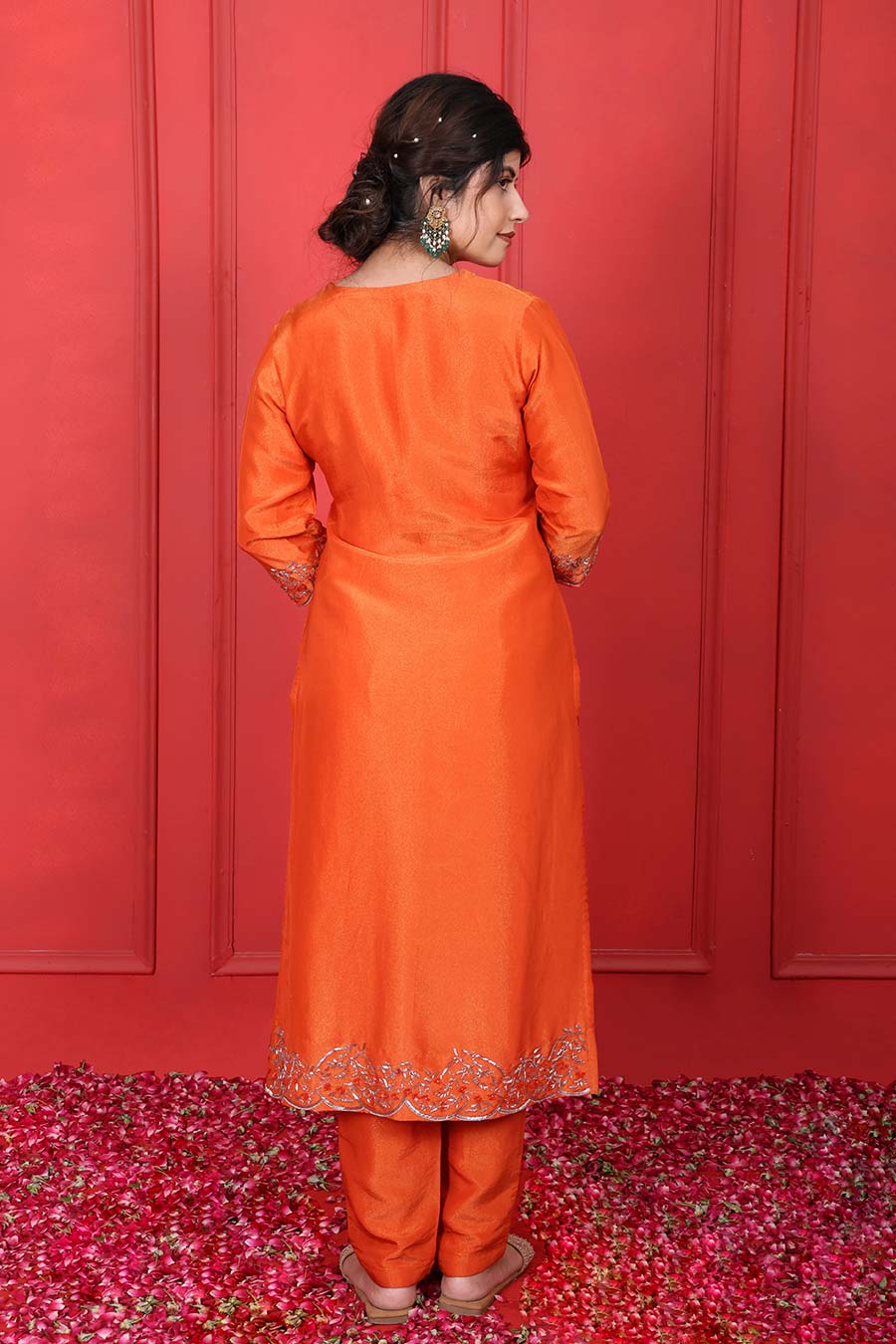 Orange Tissue Embroidered Kurta Set