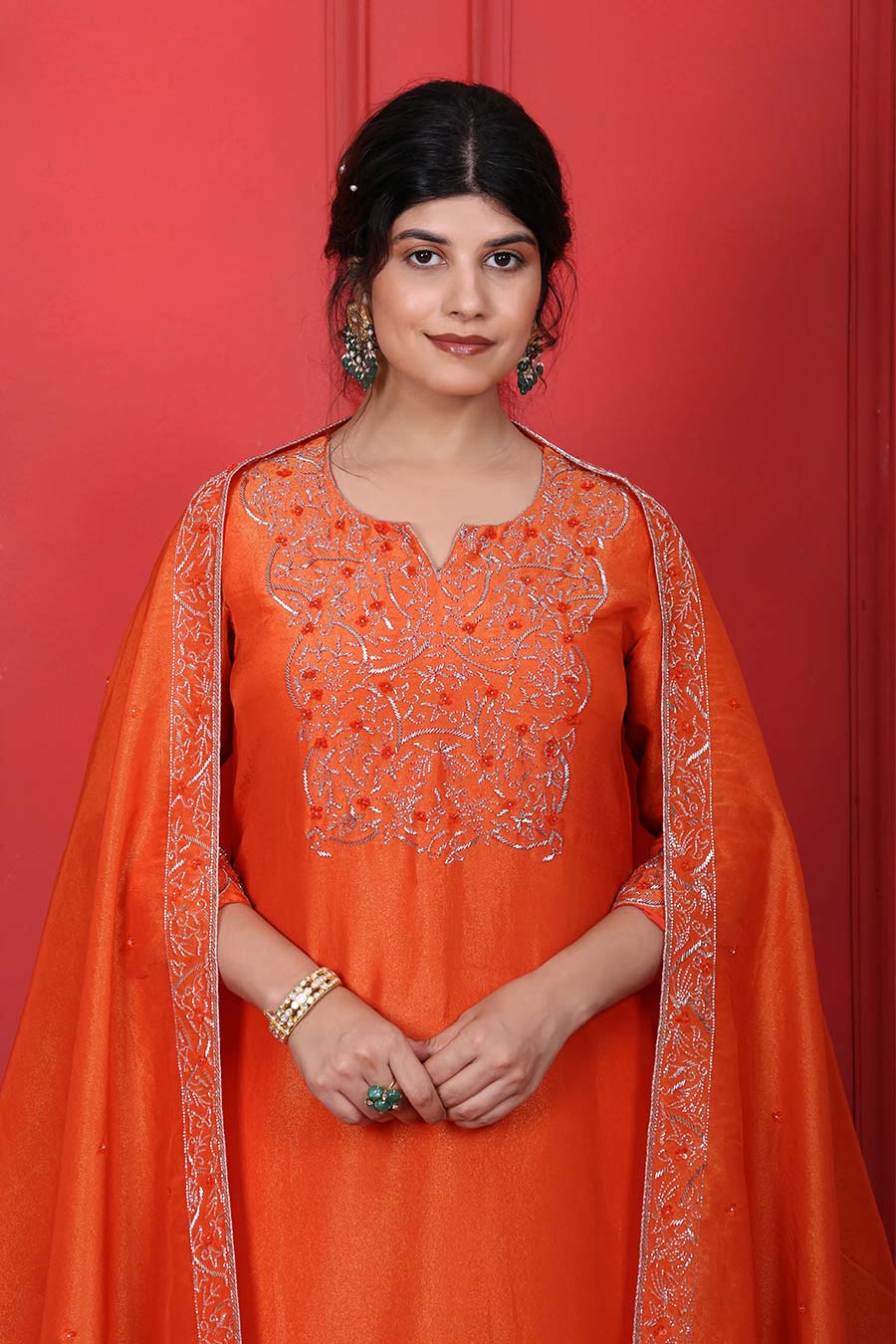 Orange Tissue Embroidered Kurta Set