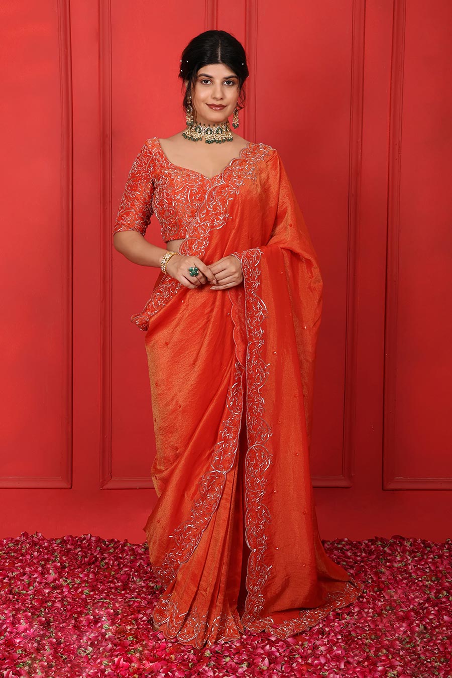 Orange Tissue Embroidered Saree Set