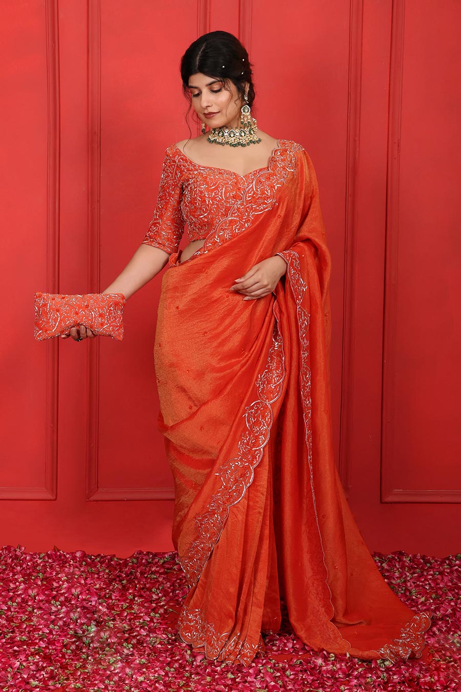 Orange Tissue Embroidered Saree Set