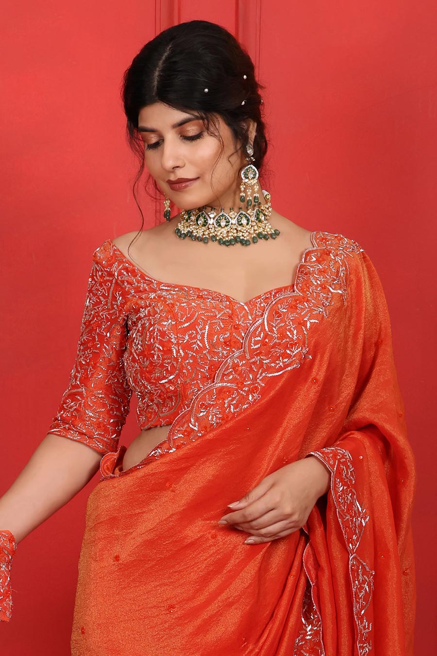 Orange Tissue Embroidered Saree Set