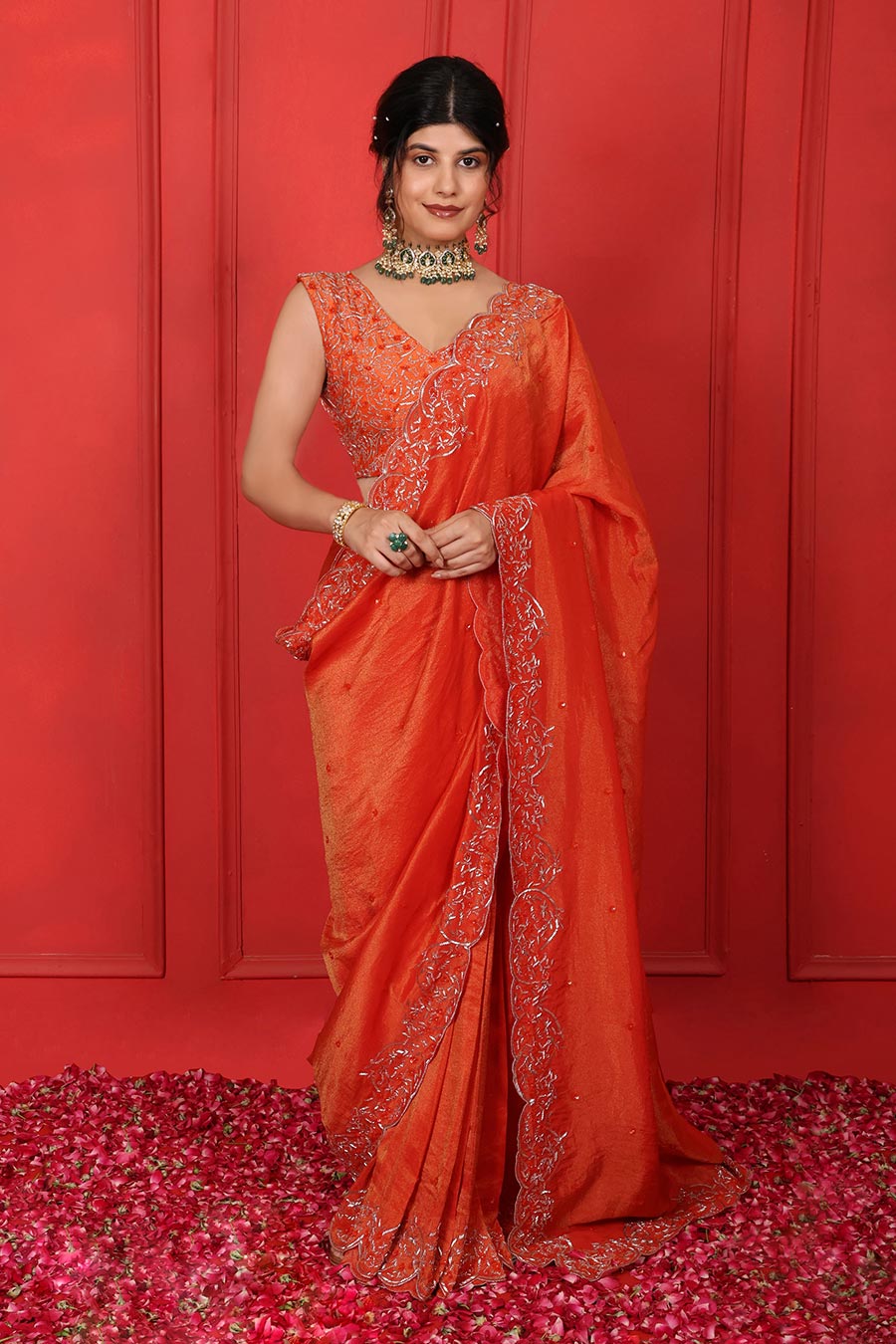 Orange Tissue Embroidered Saree Set