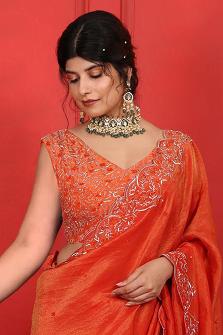 Orange Tissue Embroidered Saree Set