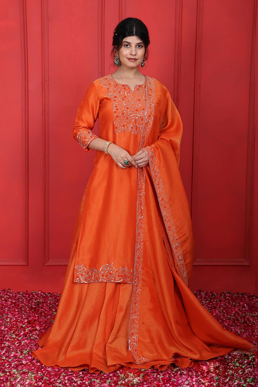 Orange Tissue Embroidered Kurta Lehenga Set