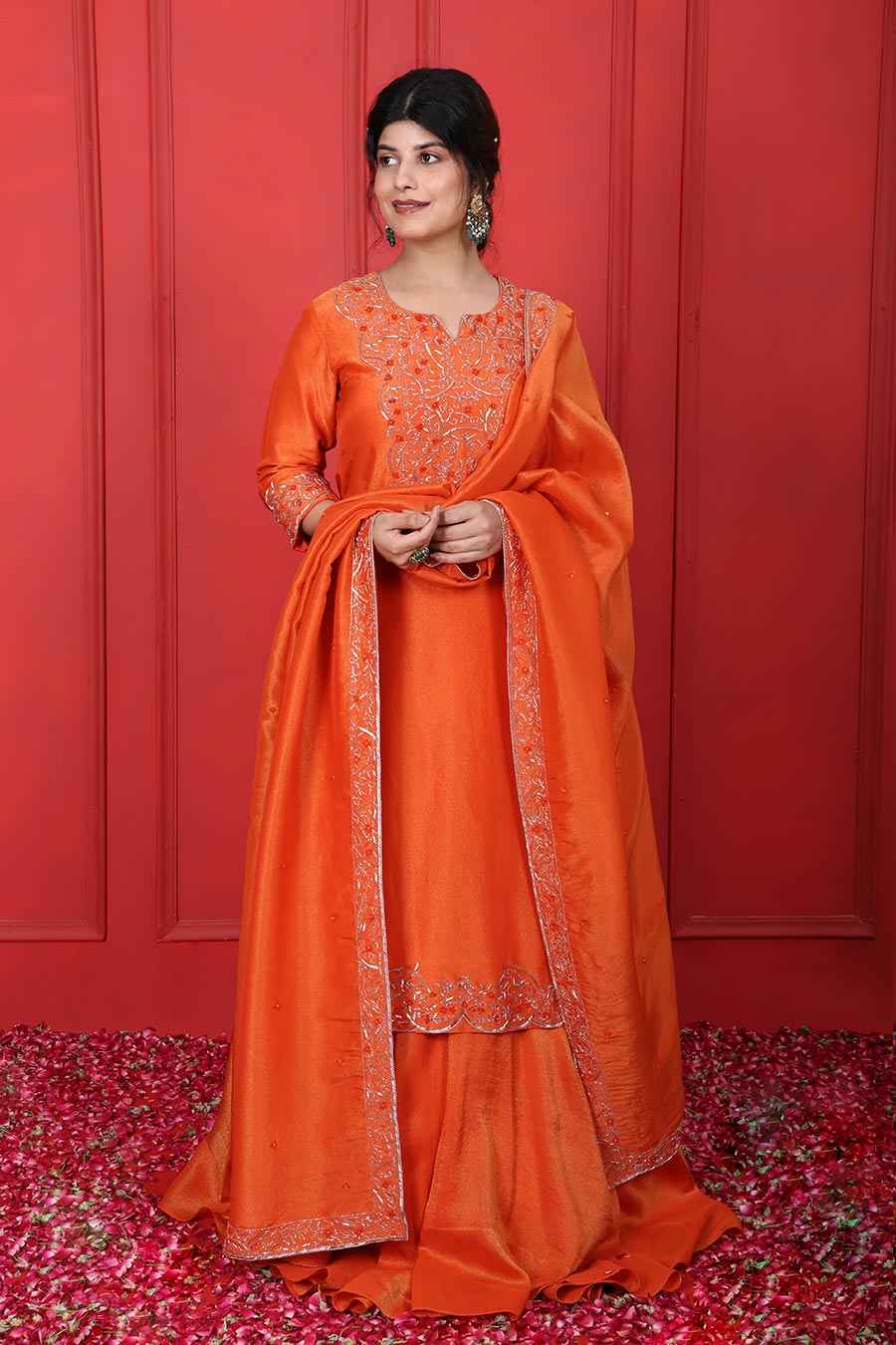 Orange Tissue Embroidered Kurta Lehenga Set