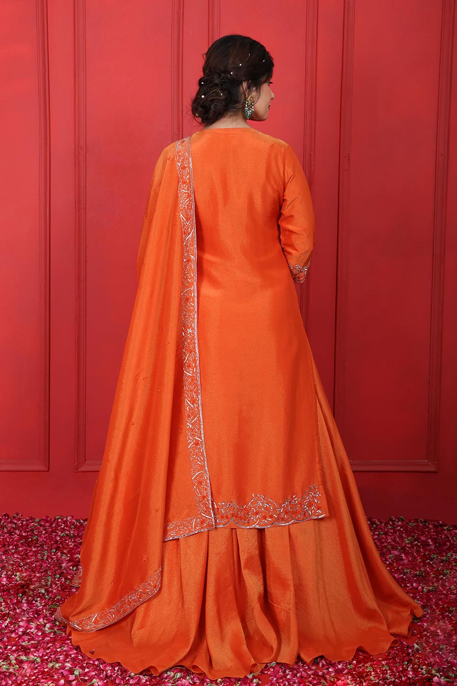 Orange Tissue Embroidered Kurta Lehenga Set