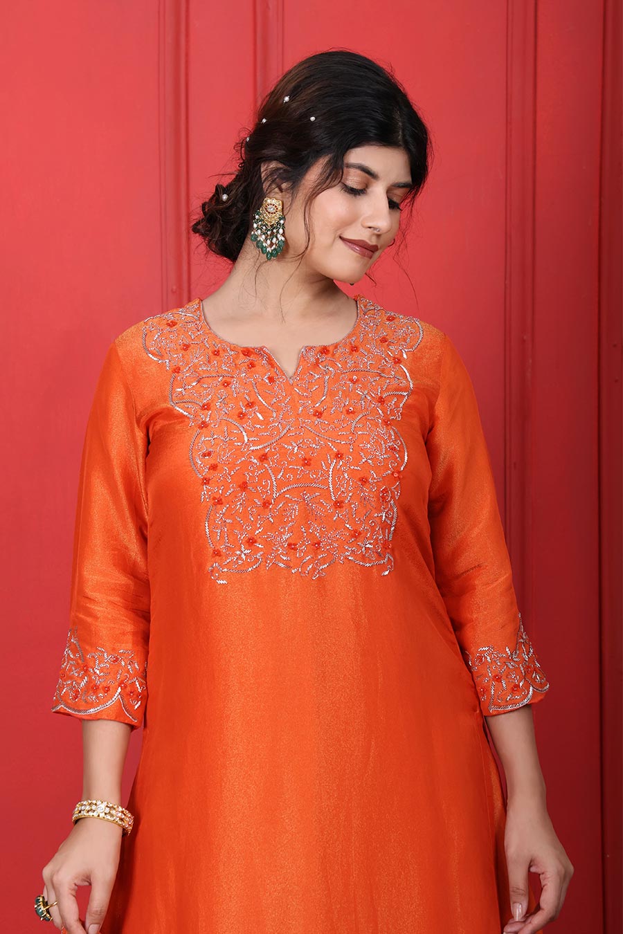Orange Tissue Embroidered Kurta Lehenga Set