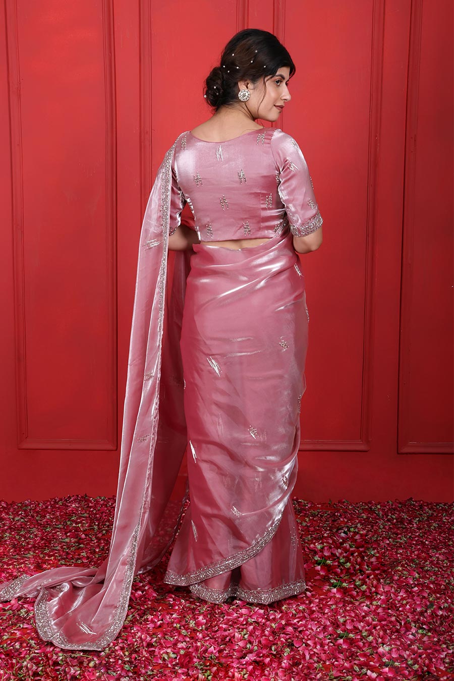 Dusty Rose Pink Organza Embroidered Saree Set