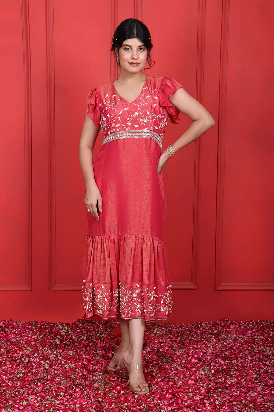 Mandy Red Tissue Embroidered Midi Dress
