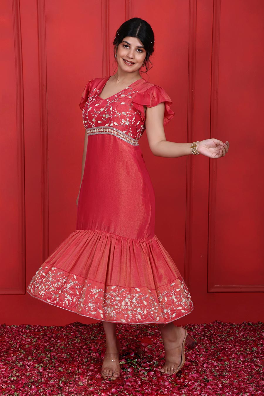 Mandy Red Tissue Embroidered Midi Dress