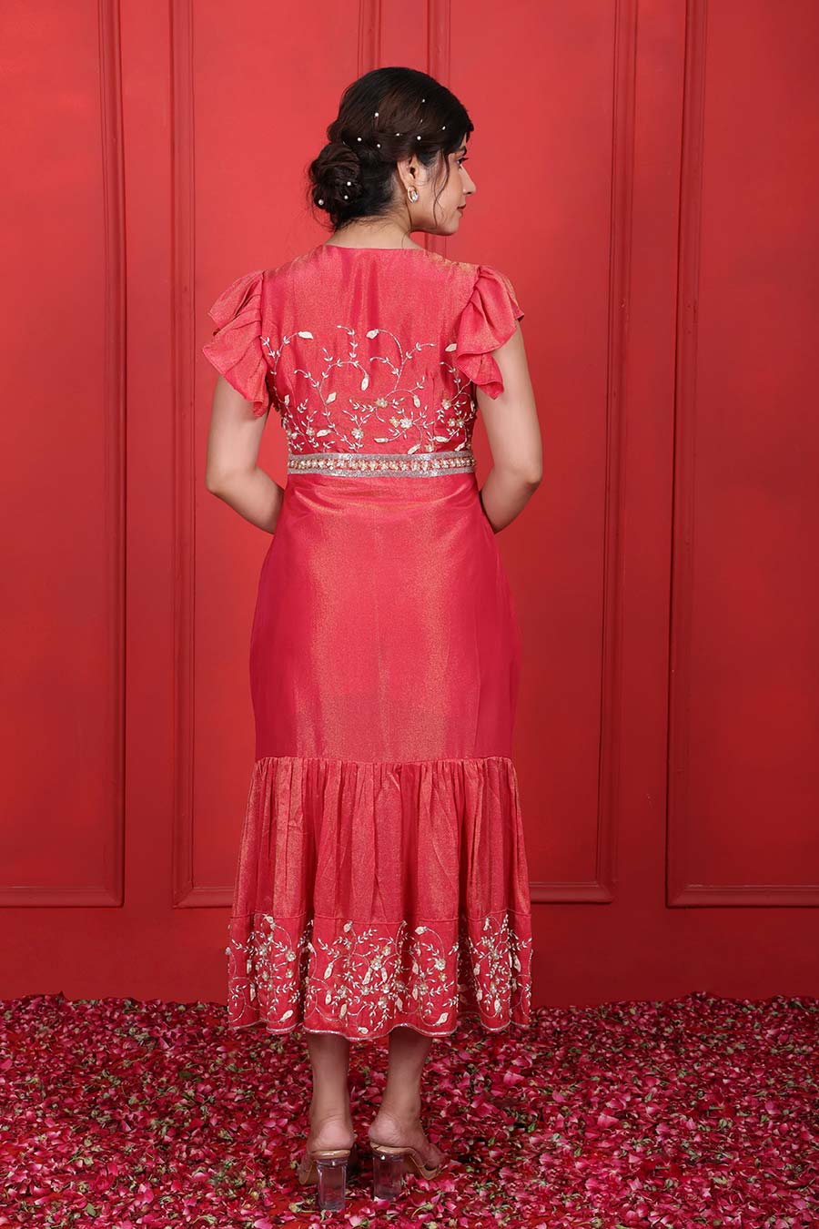 Mandy Red Tissue Embroidered Midi Dress