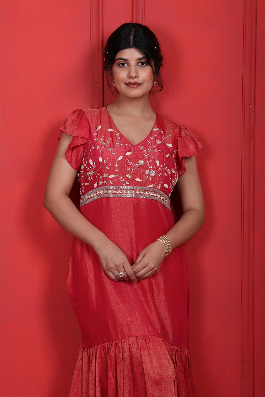 Mandy Red Tissue Embroidered Midi Dress