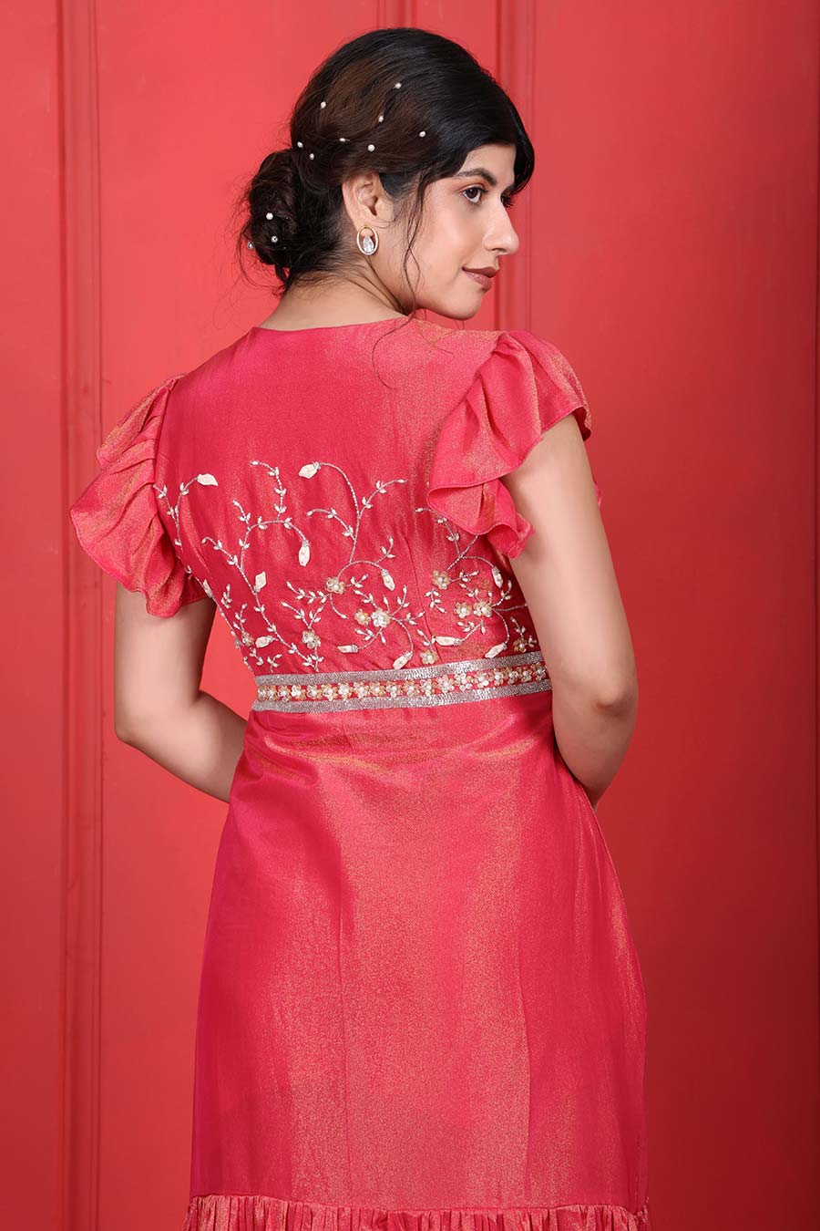 Mandy Red Tissue Embroidered Midi Dress