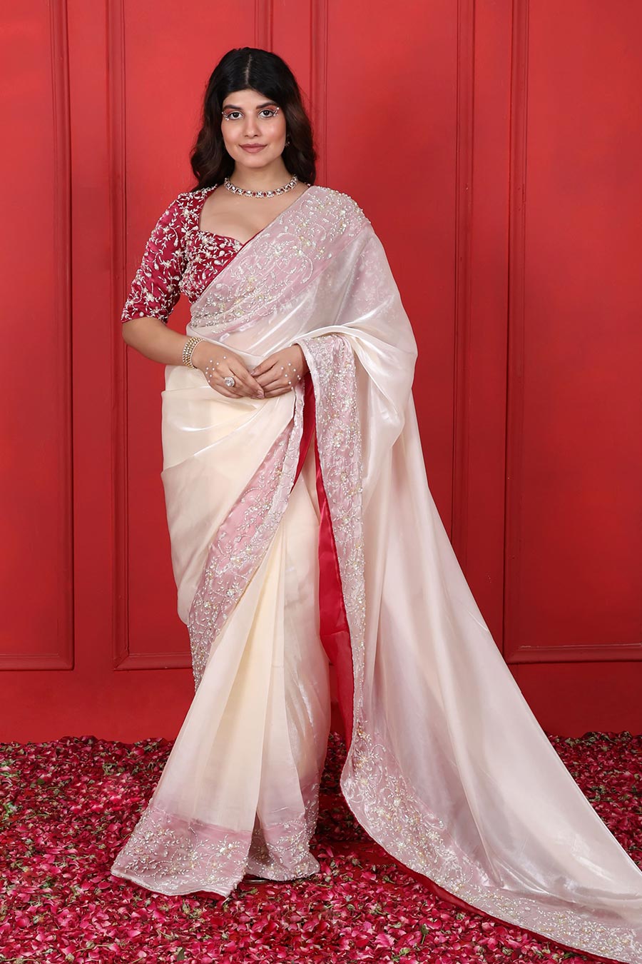 White & Pink Organza Embroidered Saree Set