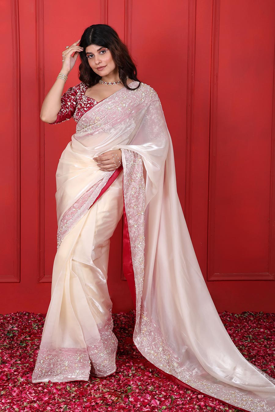 White & Pink Organza Embroidered Saree Set
