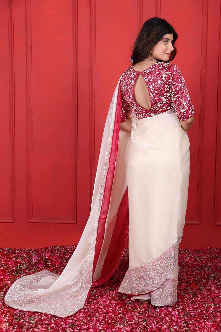 White & Pink Organza Embroidered Saree Set
