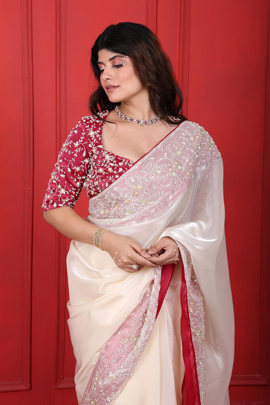 White & Pink Organza Embroidered Saree Set