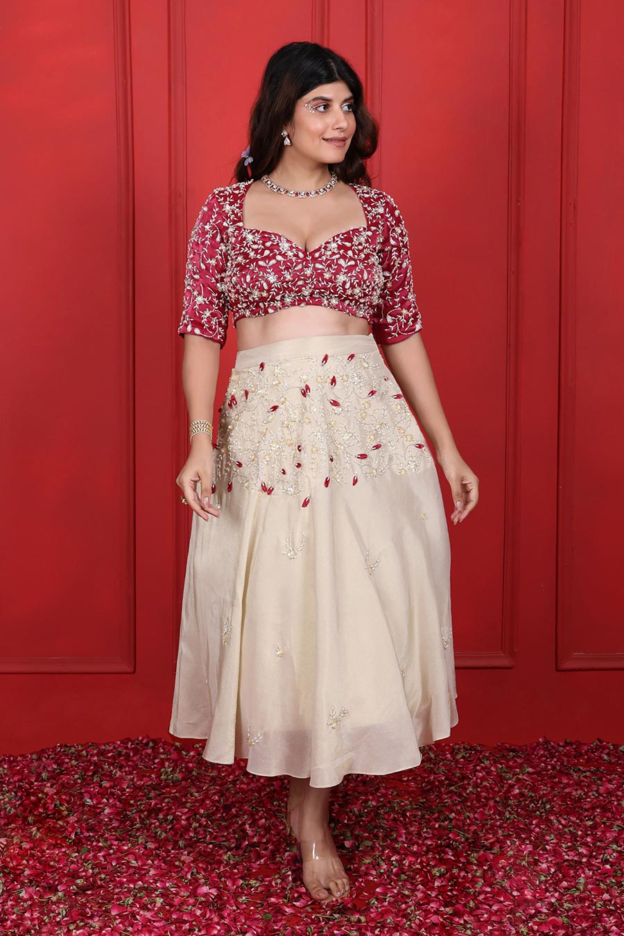 White & Pink Organza Embroidered Skirt Set