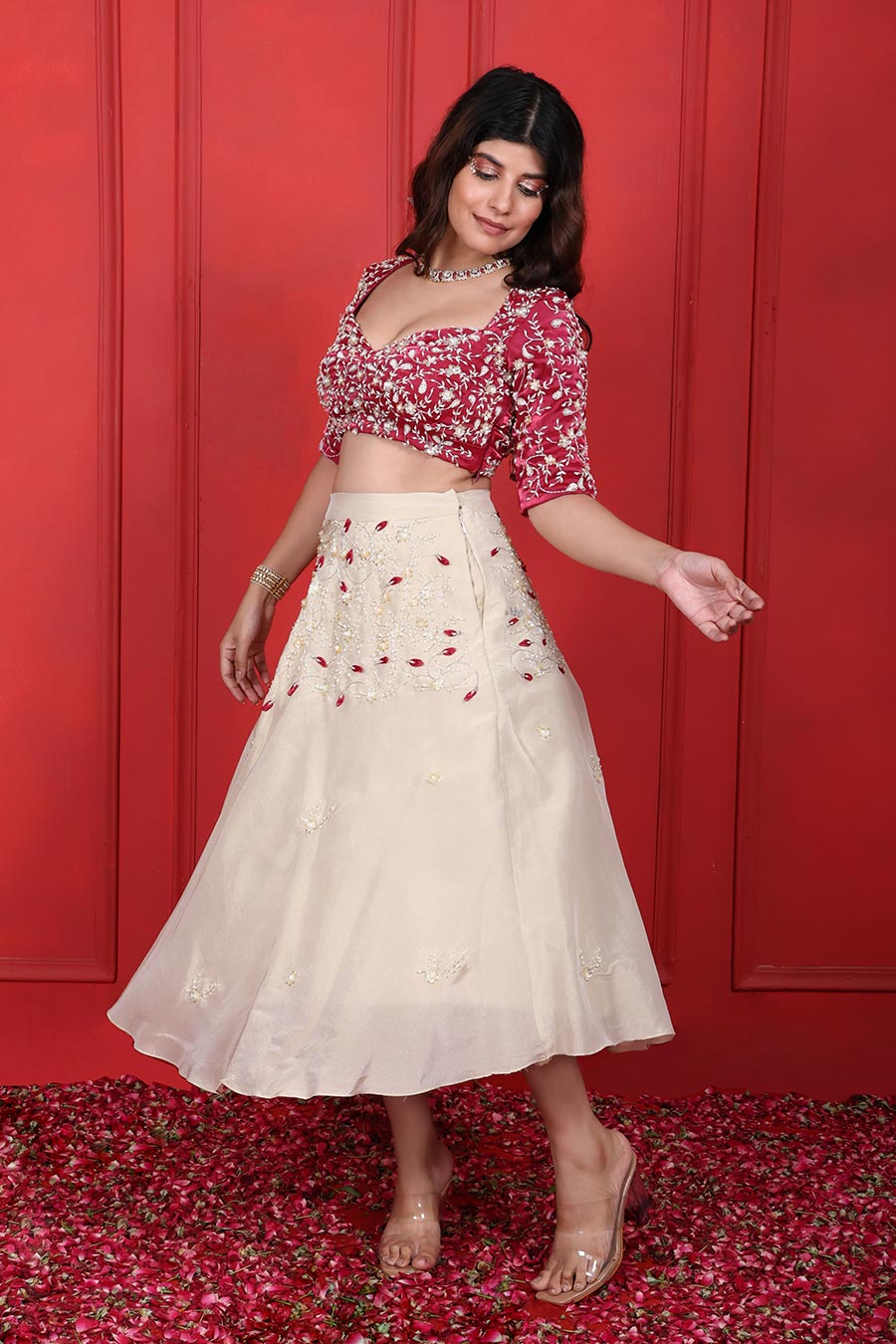White & Pink Organza Embroidered Skirt Set