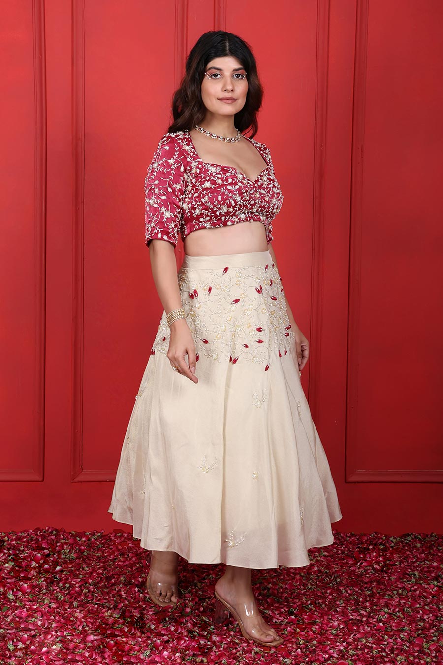 White & Pink Organza Embroidered Skirt Set