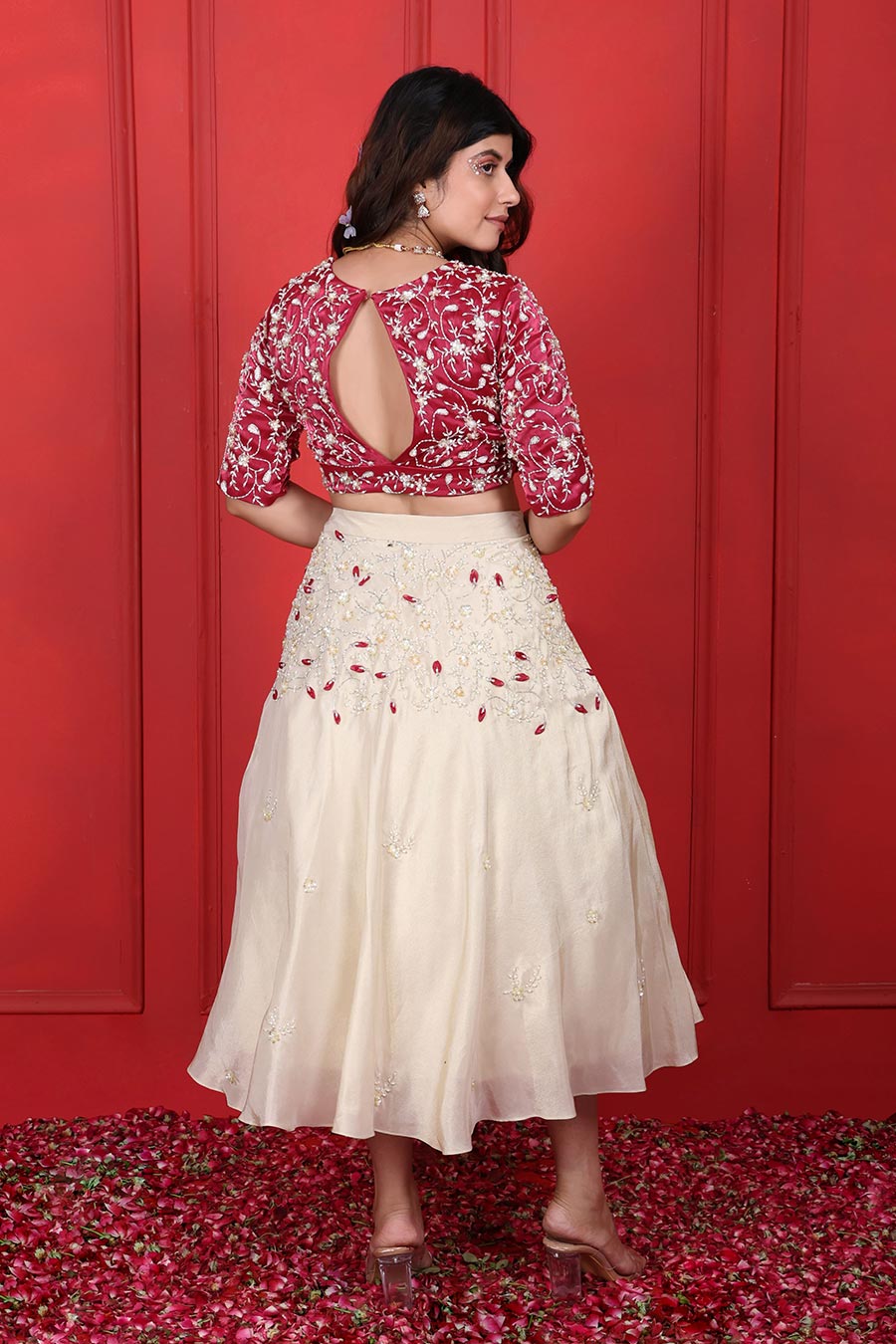 White & Pink Organza Embroidered Skirt Set