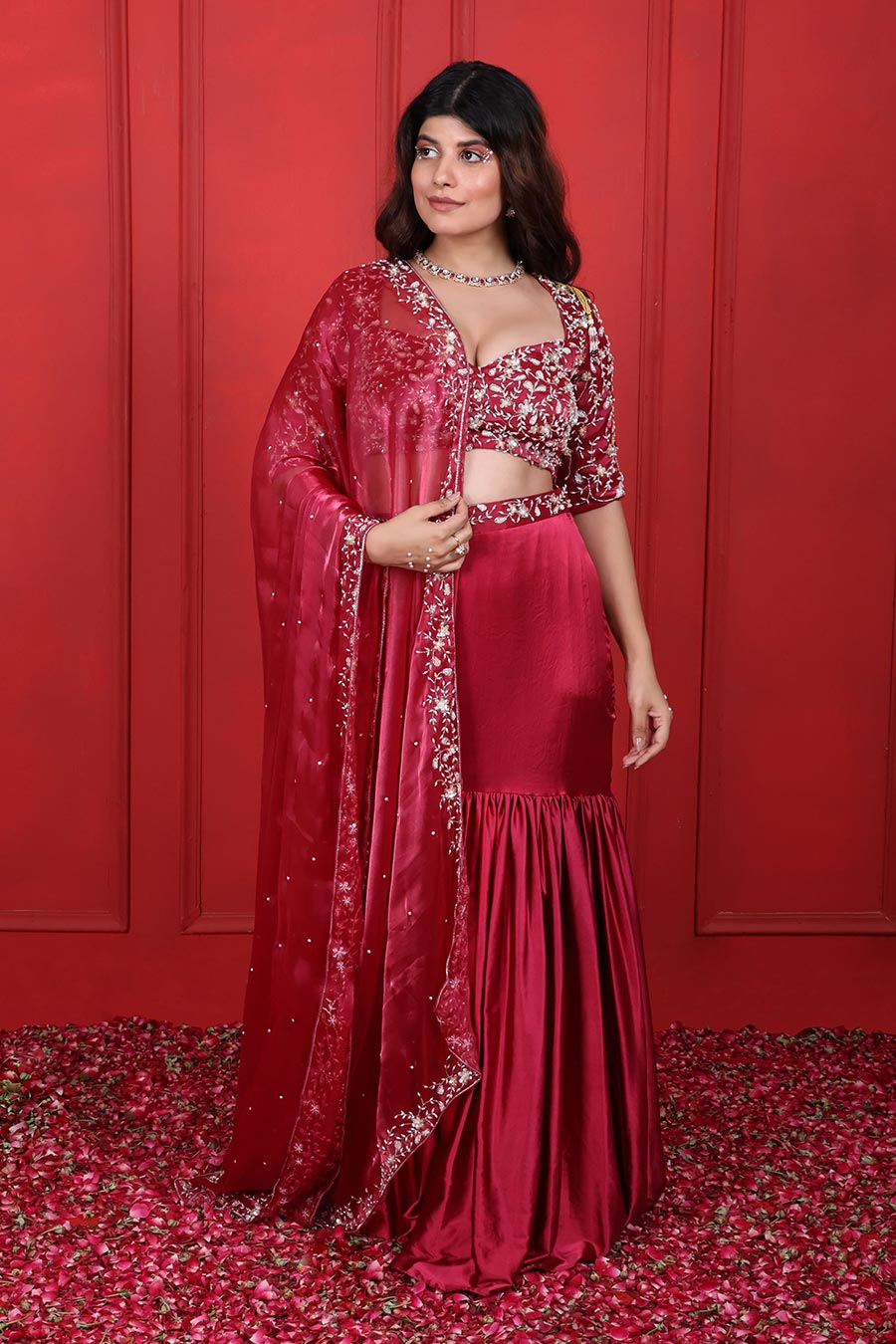 Rosa Pink Embroidered 3Pc Fish-Cut Lehenga Set
