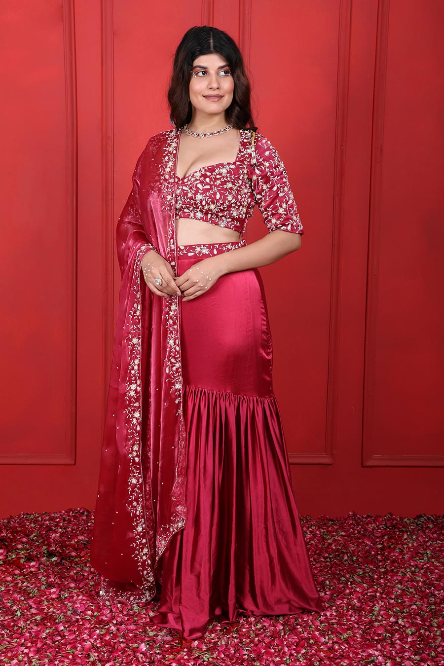 Rosa Pink Embroidered 3Pc Fish-Cut Lehenga Set