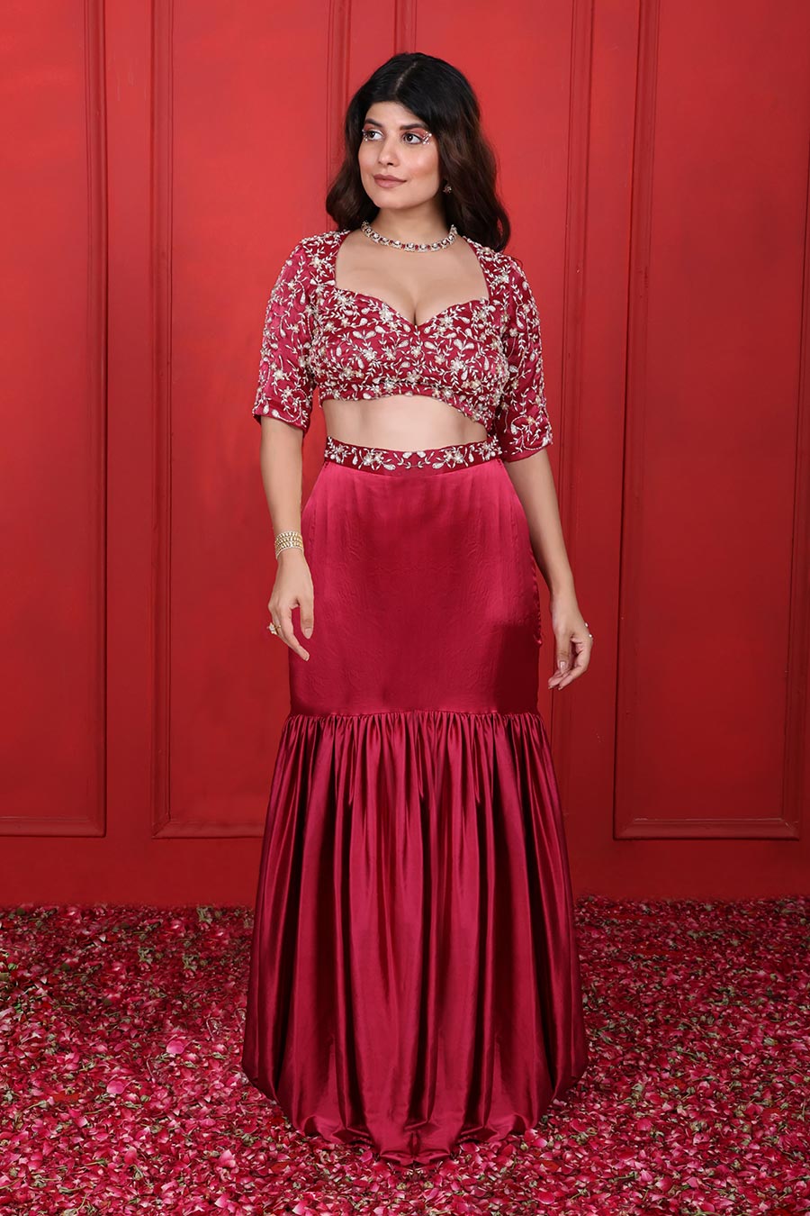 Rosa Pink Embroidered 3Pc Fish-Cut Lehenga Set