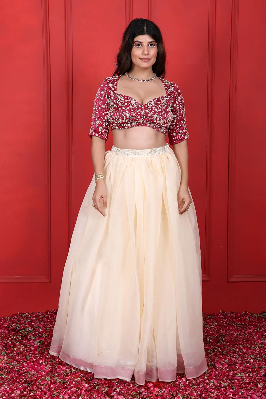 White & Pink Organza Embroidered 2Pc Lehenga Set