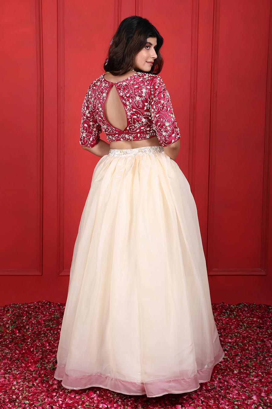White & Pink Organza Embroidered 2Pc Lehenga Set