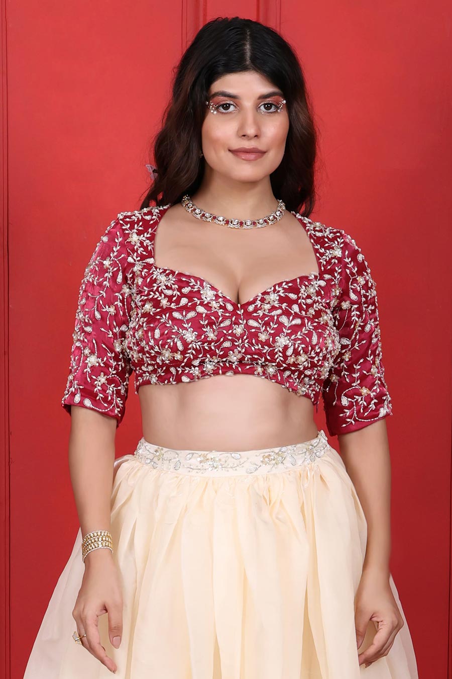 White & Pink Organza Embroidered 2Pc Lehenga Set