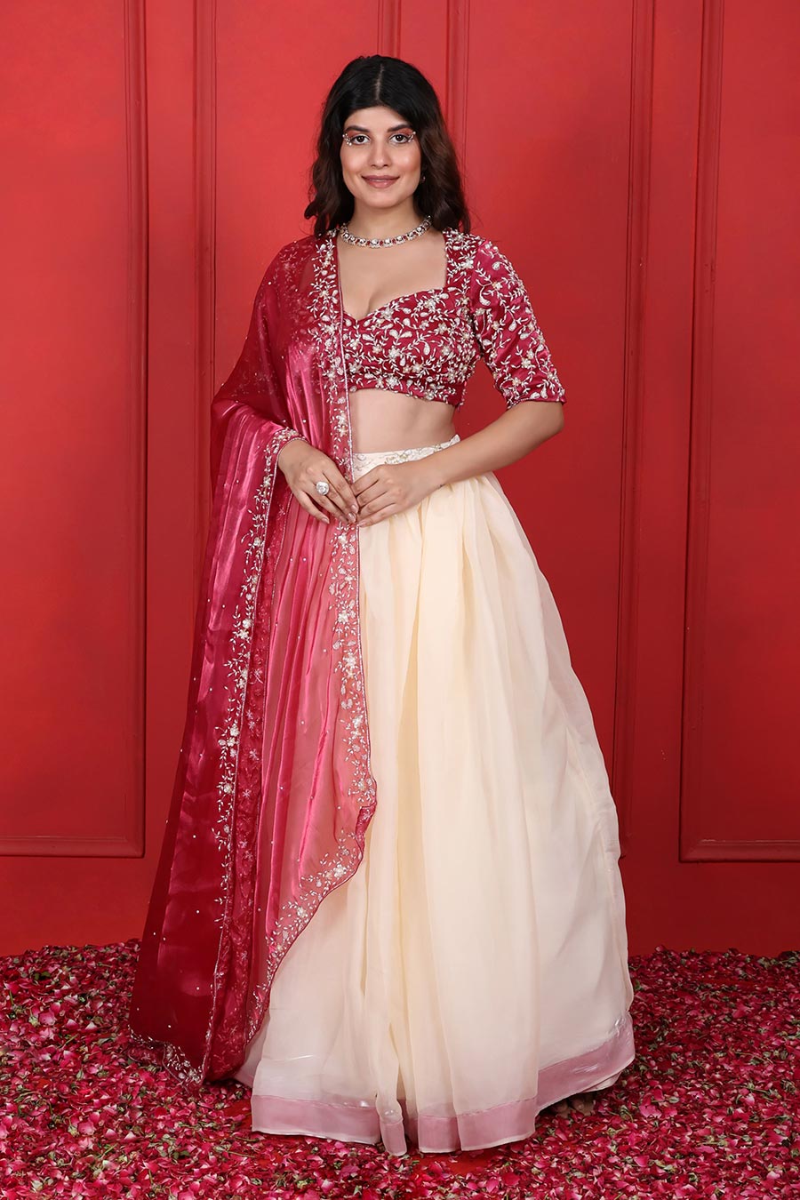 White & Pink Organza Embroidered 3Pc Lehenga Set
