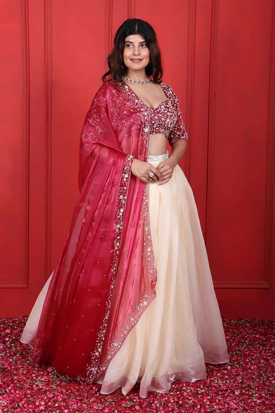 White & Pink Organza Embroidered 3Pc Lehenga Set