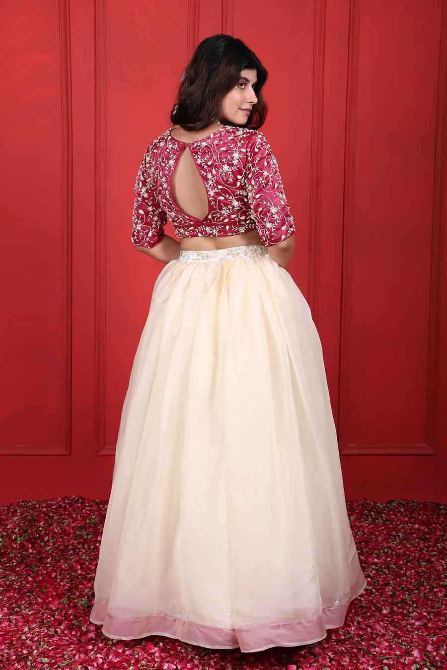 White & Pink Organza Embroidered 3Pc Lehenga Set
