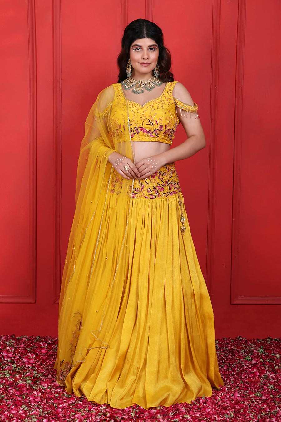 Yellow Embroidered Lehenga Set With Dupatta