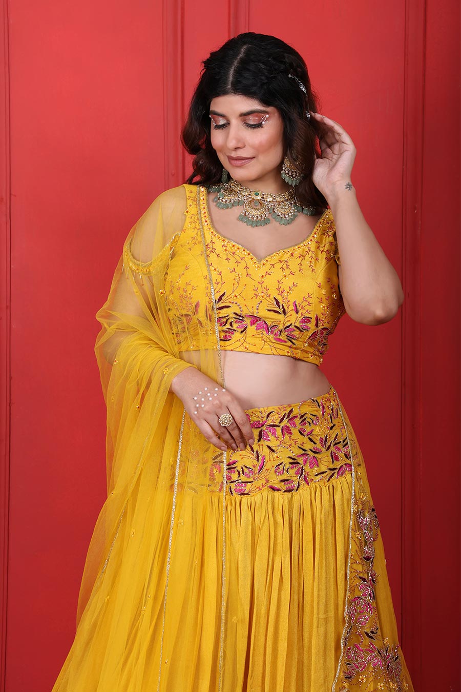 Yellow Embroidered Lehenga Set With Dupatta
