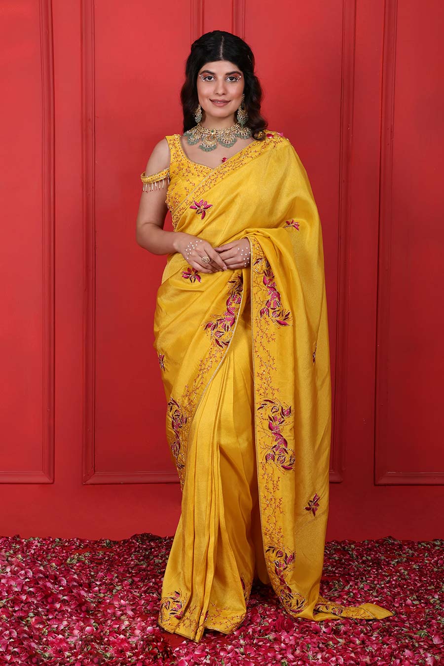 Yellow Embroidered Saree & Blouse Set