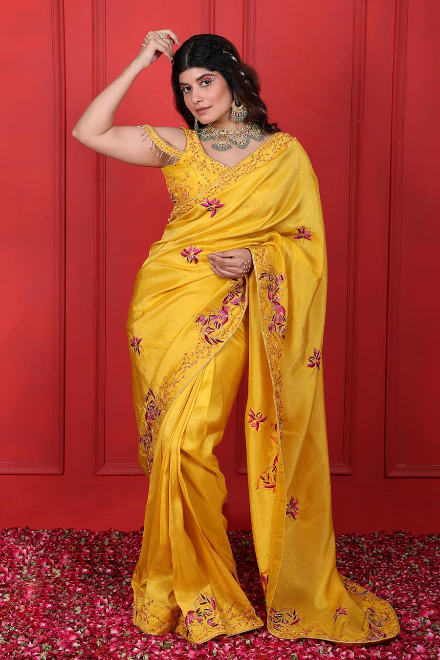 Yellow Embroidered Saree & Blouse Set