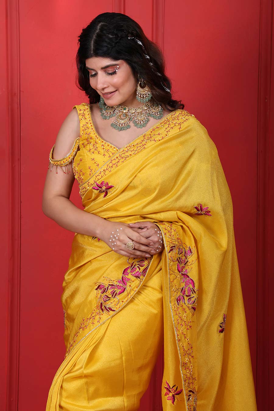 Yellow Embroidered Saree & Blouse Set